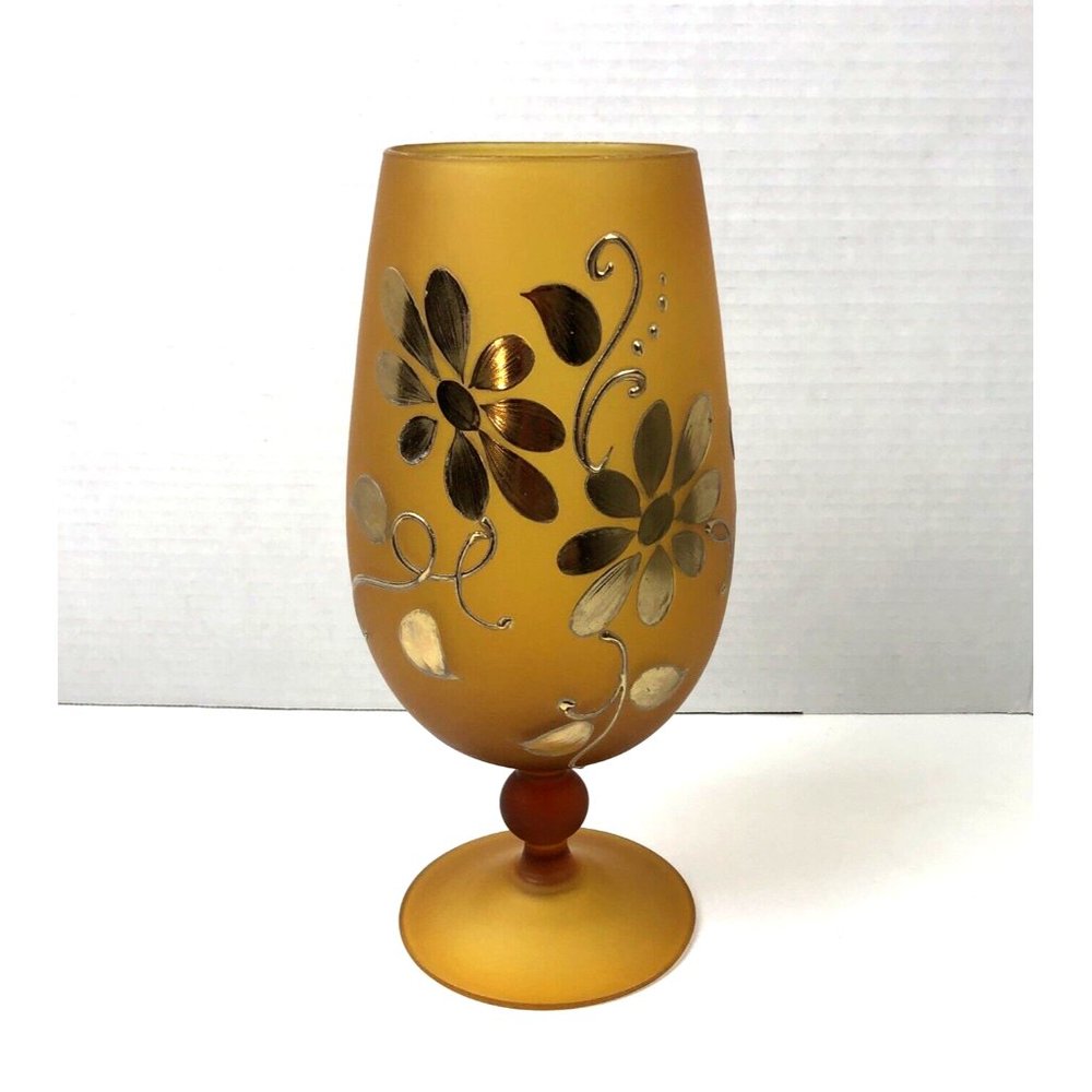 Vintage Mid Century Amber  Frosted Glass Vase With Hand Painted Flowers 10" High